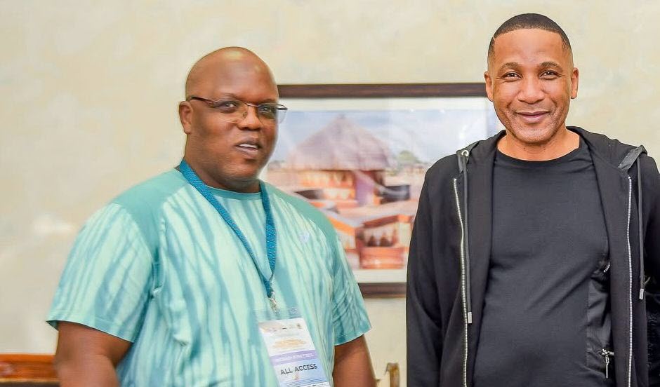 World Athletics Media Delegate Elias Makori with the President of Botswana, His Excellency Duma Gideon Boko, at the Botswana Golden Grand Prix 2025